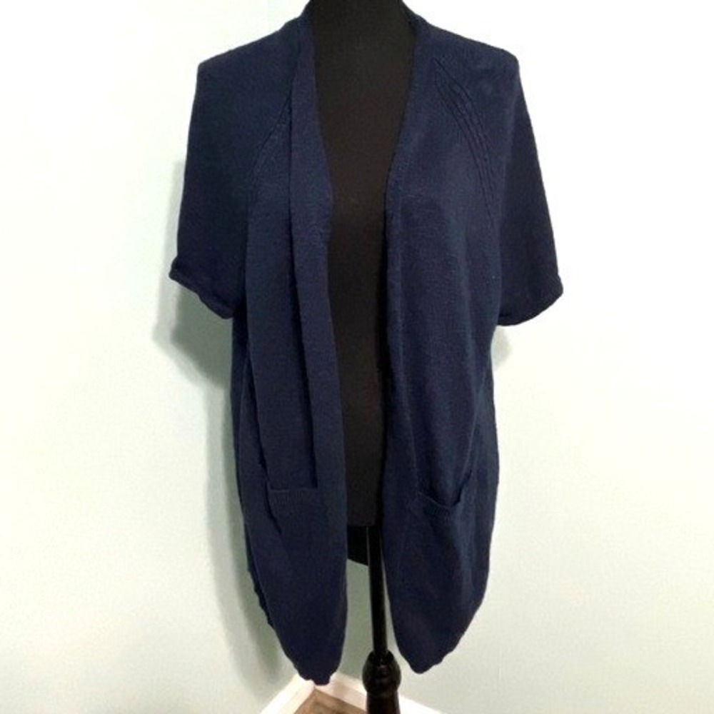 Wonderly Navy Blue Oversized Short Sleeve Cardigan Sweater Pockets Large